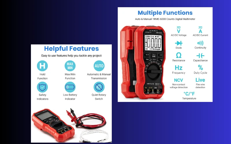 Etekcity Digital Multimeter Voltmeter Tester TRMS 6000 Counts, AC DC Current Voltage Meter, Amp, Ohm, Diode, Capacitance, Frequency, Temperature, NCV, Resistance, Red, MSR-A2000 Digital Multimeter